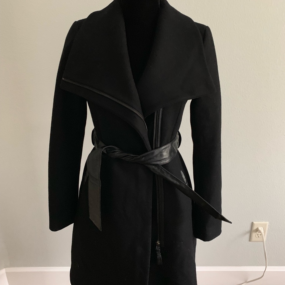 Mackage Black Coat,  Leather Belt in Blk - XSM